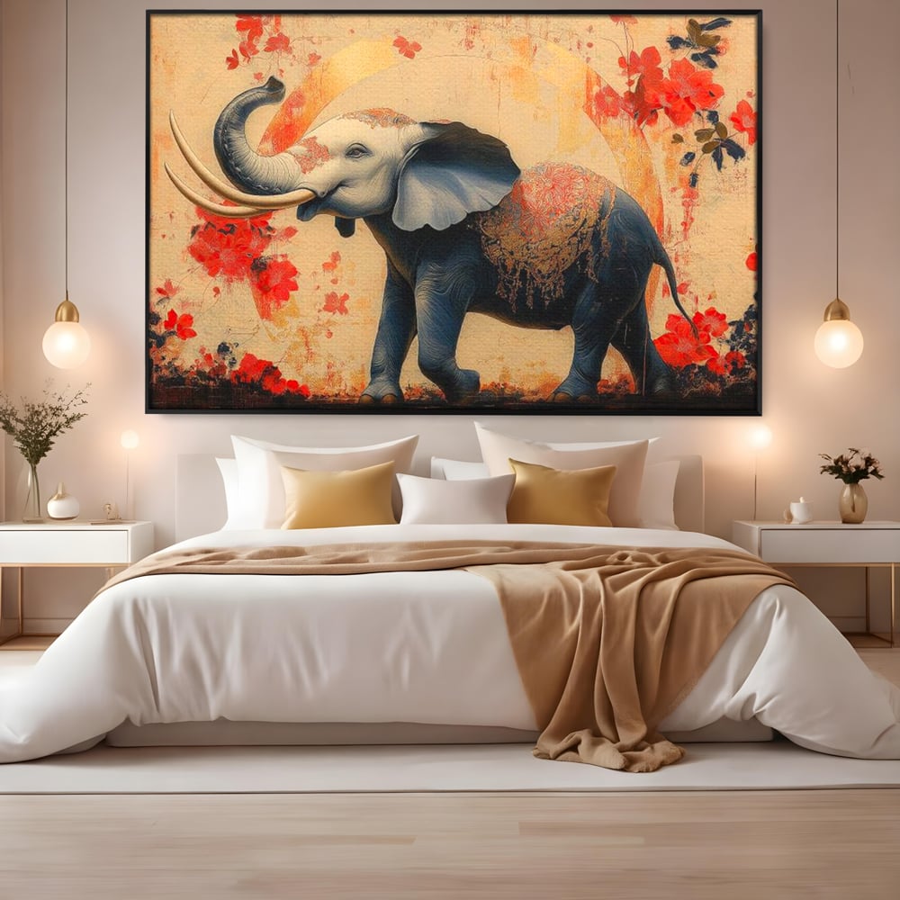 Tablou canvas cu tablou canvas cu elefant albastru, in rama de aluminiu negru, pe perete intr-un dormitor